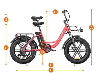 A--Handlebar Height 115 cm B--Total Length 174.3 cm C --Reach 37 cm D--Standover Height 43.3 cm E--Wheelbase 115.7 cm F--Minimum Saddle Height 82 cm G--Maximum Saddle Height 94 cm